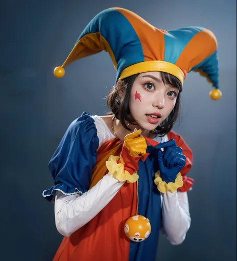 Clown girl with cute, glossy costume in red, blue, yellow, and white. Her outfit shines under the spotlight, reflecting a playful and vibrant atmosphere. Her hair impeccably styled, with a glossy finish that adds to her charm. Her facial expression radiate...