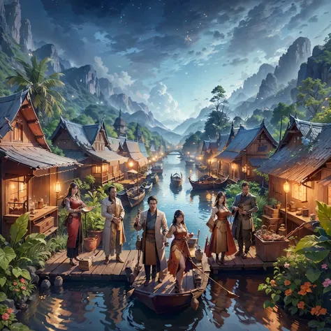 arafed scene of a river with a boat and people on it, thailand art, beautiful digital artwork, 4k highly detailed digital art, by Johfra Bosschart, traditional art, detailed fantasy digital art, 8k stunning artwork, fantasy scene, digital fantasy art ), or...