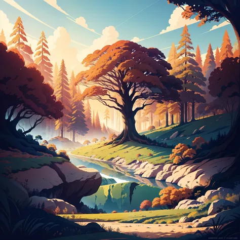 Earth Day Poster, Flat illustration landscape Huge big river background with huge dead trees lying in the field on rough ground, Bright colors, Chiaroscuro, Super High Detail, 4K, flat illustration vector art sharp focus (gigapixel)  ((masutepiece)) focus ...