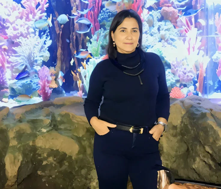 woman in front of an aquarium with a large aquarium in the background, standing in a grotto, Standing under the sea, 🦩🪐🐞👩🏻🦳, Divirta-se, Sandra Chevier, Figura completa, imagem de perfil, em uma bela caverine de cristal, 3 0 anos mulher, Fotografia tirada ...