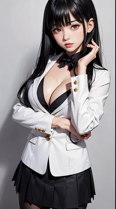 ((Best Quality)), ((masutepiece)), (Detailed), (highlight), Perfect face　Young girl with detailed face showing cleavage、Red eyes and long, thick, glossy, beautiful black hair with blunt bangs、Single-color background、Standing wearing school uniform with bla...