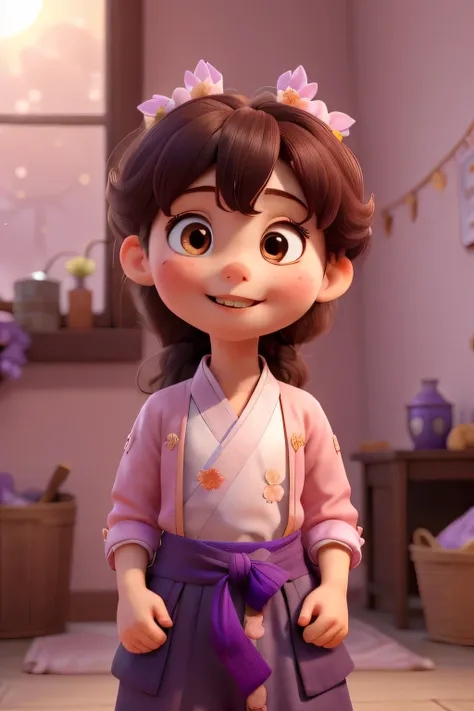 ((Best quality)), ((tmasterpiece)), (Detailed pubic hair), is a perfect face, A cute three-year-old little girl, Hand holding a bunch of brown sugar haws,resting on chest, Wearing Chinese pale pink Hanfu costume, Head decorated with purple lilac flowers, i...