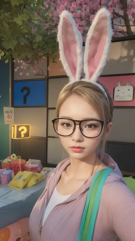 there is a woman with bunny ears and glasses standing in front of a store, kawaii realistic portrait, wearing cybernetic bunny ears, with bunny ears, second life avatar, ultrarealistic sweet bunny girl, realistic anime 3 d style, with big rabbit ears, clos...