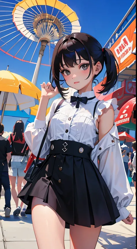 full bodyesbian，(child)，（​masterpiece，Highest Quality），a miniskirt，A dark-haired，An amusement park