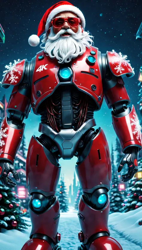 cybernetic Santa Claus, robotic arms with intricate details, futuristic exoskeleton suit, glowing red sunglasses, wear Christmas hat,metallic beard and hair, hovering with anti-gravity technology, neon lights illuminating the night sky, pixelated snowflake...