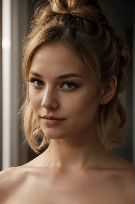 an eye contact of a blond with bun hair and dark theme