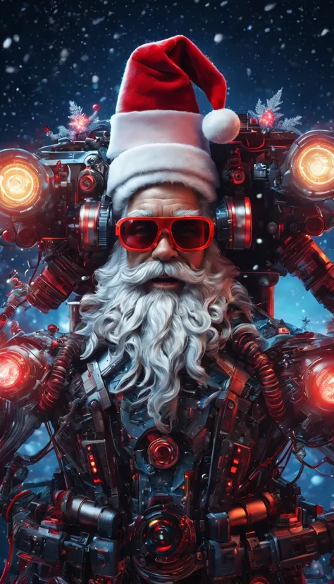 cybernetic Santa Claus, robotic arms with intricate details, futuristic exoskeleton suit, glowing red sunglasses, wear Christmas hat,metallic beard and hair, hovering with anti-gravity technology, neon lights illuminating the night sky, pixelated snowflake...