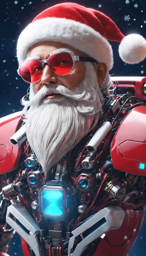 cybernetic Santa Claus, robotic arms with intricate details, futuristic exoskeleton suit, glowing red sunglasses, wear Christmas hat,metallic beard and hair, hovering with anti-gravity technology, neon lights illuminating the night sky, pixelated snowflake...