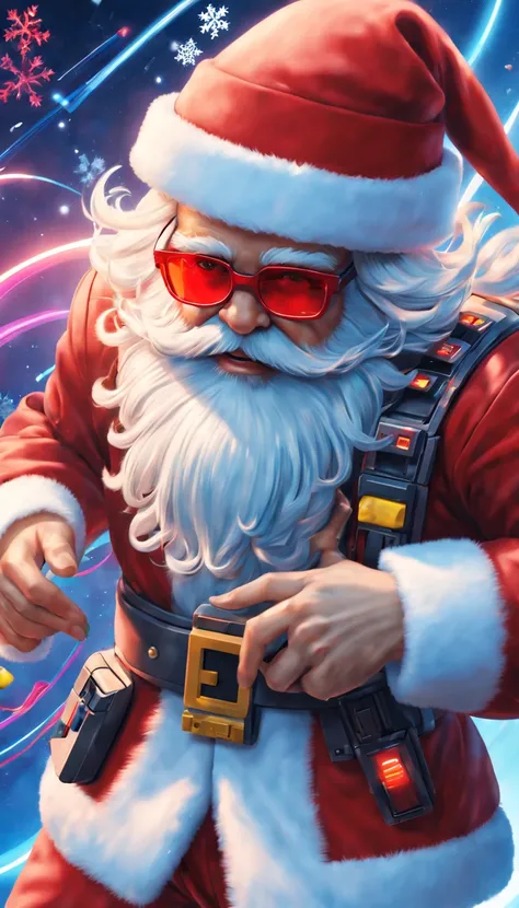 cybernetic Santa Claus, robotic arms with intricate details, futuristic exoskeleton suit, glowing red sunglasses, wear Christmas hat,metallic beard and hair, hovering with anti-gravity technology, neon lights illuminating the night sky, pixelated snowflake...