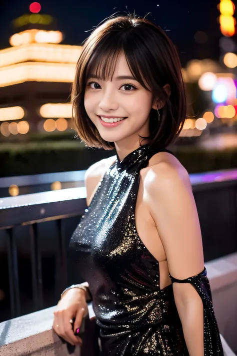 Glittering night view、sexy dress、Provocative smile、short-haired、Beautiful Japan actress、sakimichan、cinematric light， realisticlying， tmasterpiece， best qualtiy， Complex CG，Highly detailed face，High detail eyes，