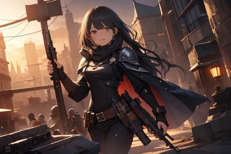 (​masterpiece}, {hight resolution}, {Good anatomy}, (top-quality), (extremely delicate and beautiful), (8k cg wallpaper), (illustratio), 1 girl in, shoot a huge gun、Cry of madness、combat protector, grenades fly