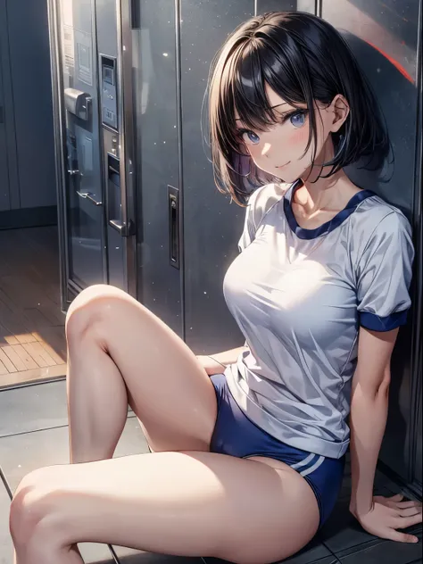 top-quality、Full limbs、complete fingers、Slender beauty、1人の女性、Woman with dark hair、Women with straight hair、Shorthair woman、Beauty busty woman、((White short-sleeved gym uniform that covers the upper body))、((Dark blue high-leg bloomers))、sexypose、A big smil...