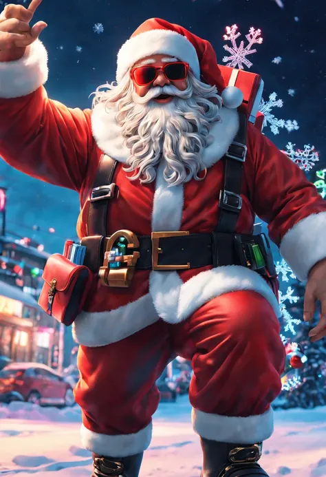 cybernetic Santa Claus, robotic arms with intricate details, futuristic exoskeleton suit, glowing red sunglasses, wear Christmas hat,metallic beard and hair, neon lights illuminating the night sky, pixelated snowflakes falling, ultra-detailed, highres, HDR...