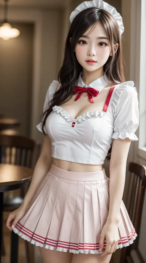 (1young girlrown hair, Amazing face and eyes, Pink eyes, seducting smile, (Maid café costume with frills, Pleated mini-skirt:1.5), (Wide open maid cafe costume:1.2), bared  chest, (amazingly beautiful girl), Brown hair, Stylish hair ornamen Quality:1.4), (...