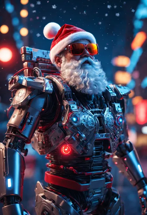 cybernetic Santa Claus, robotic arms with intricate details, futuristic exoskeleton suit, glowing red sunglasses, wear Christmas hat,metallic beard and hair, neon lights illuminating the night sky, pixelated snowflakes falling, ultra-detailed, highres, HDR...