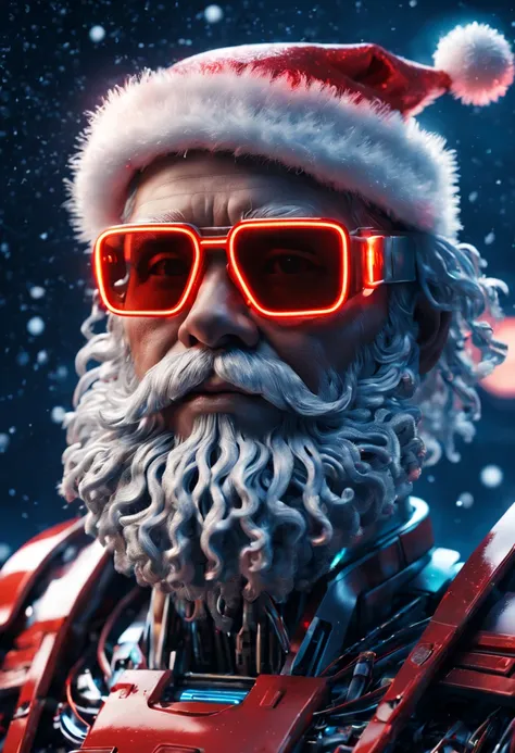 cybernetic Santa Claus, robotic arms with intricate details, futuristic exoskeleton suit, glowing red sunglasses, wear Christmas hat,metallic beard and hair, neon lights illuminating the night sky, pixelated snowflakes falling, ultra-detailed, highres, HDR...