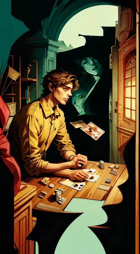 (half-elf) poker cards player, flamboyant (male), fantasy, dungeons dragons, rpg, epic character concept art, illusionist