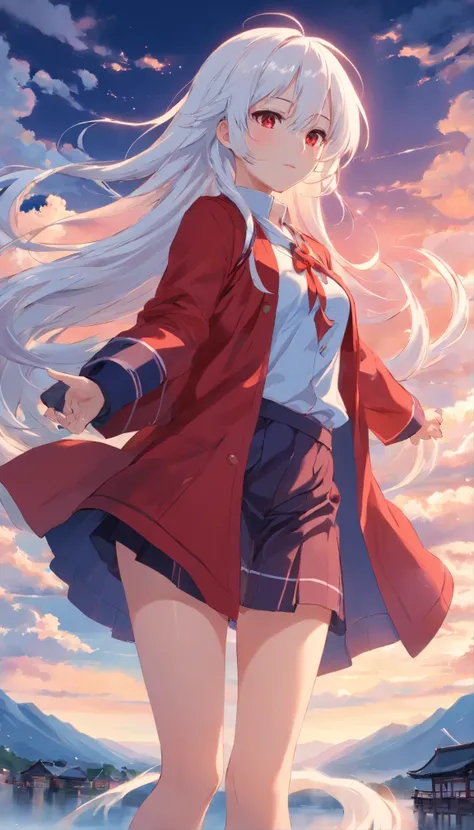 Long white hair，collofull eyes，Red coat and stockings，Chinese style，The expression is very gentle，Sister，​​clouds