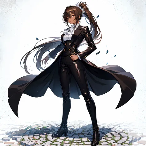 (Masterpiece, Top Quality), (Perfect female Body: 1.2), (Detailed Hair), Ultra-Detailed, Anime Style, Full Length, Solo, wearing male clothing battle butler lady, hair tied in one knot, ((brown skin)) Black outfit, well rounded body shape, On Cobblestone s...