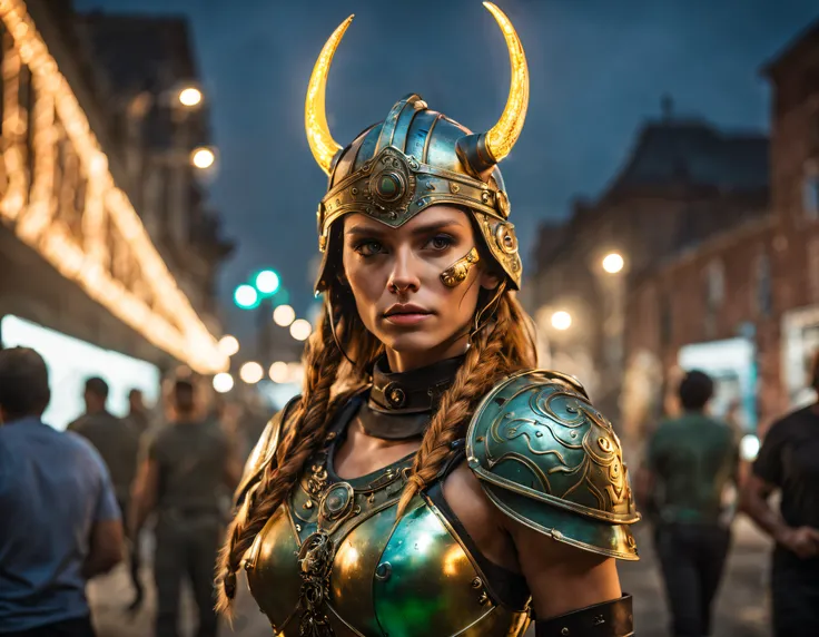 (cuerpo completo), guerrera vikinga, bellisima de ojos verdosos, con sus trenzas rubias largas, su casco de hierro y su correaje y protectores de metal, que dejan entrever un vestido sucio y rasgado con su minifalda sexy, By the heat of battle he finds him...