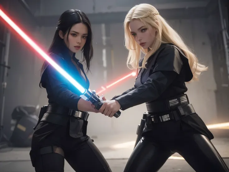 Two beautiful women slamming their lightsabers into each other. One woman has black hair. The other woman is blonde. Both are wearing black combat uniforms. 8K image quality. A masterpiece.