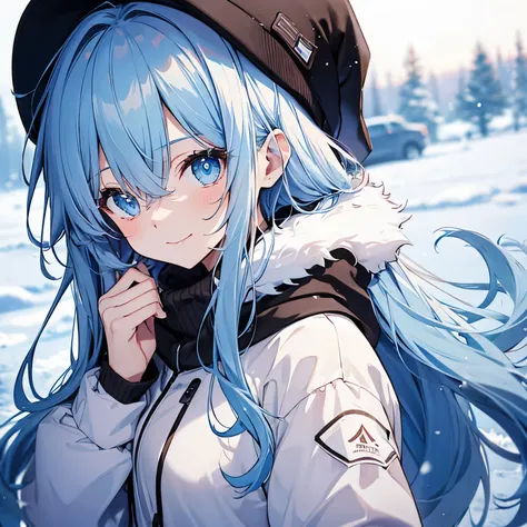 (((Delicat eyes)))、(((zoomed)))、A slight smil、an anime girl, shorth hair, 可愛いan anime girl,Light blue hair,hair adornments、knit hat、Twin-tailed、a smile、guweiz、Lots of snow、Its snowing、snow