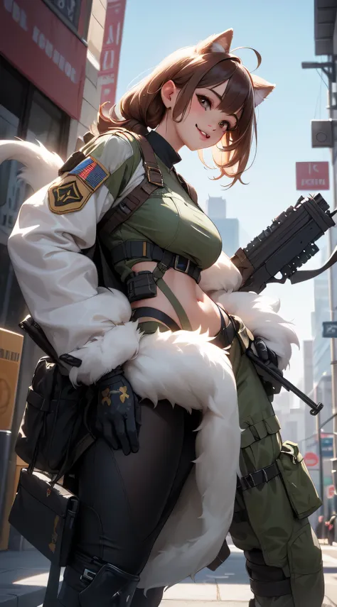 best quality, masterpiece, 1girl, (solo:1.1),  ultra detailed,detailed face, 8k wallpaper, wide hips, smile, military female soldier with gear of war, city background,