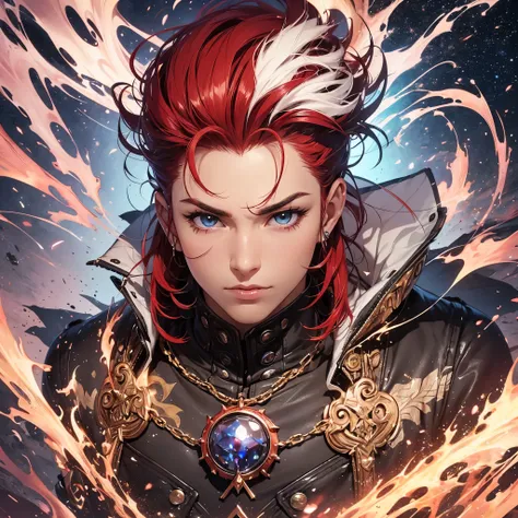 man with red hair, dark skin, mature man with red hair, dark skin, black man:1.ointy nose and a jewel on his forehead, anime style, similar to Ganondorf from Zelda, bigger hair, bald on the front --auto --s2