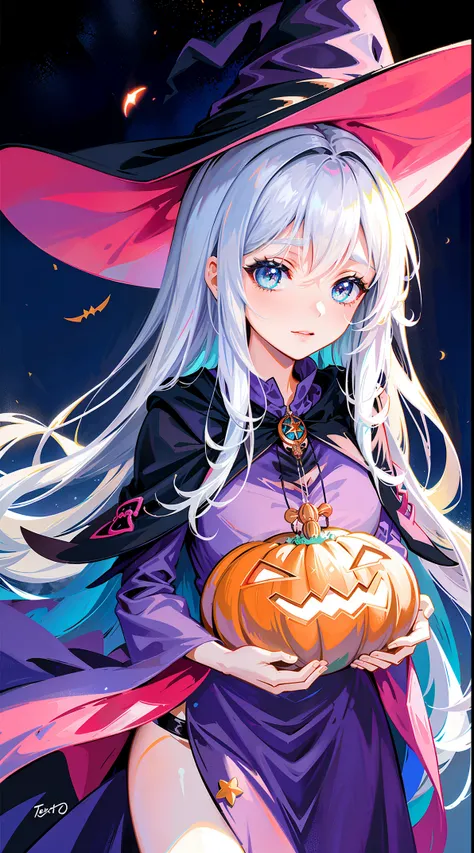 beuaty girl, Zero art, Popular topics on artstation pixiv, ((a witchs hat)), ((fantasy witch flowy dress)), tmasterpiece, Best quality at best, pretty  face, eyes with brightness, Celestial dark background, halloween colors, Colorful candy, magia