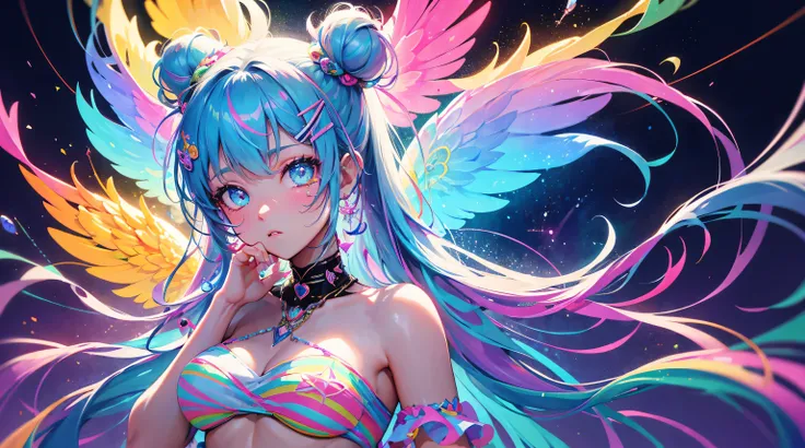 girl, chaotic, rainbow colors, no clothes, fractal brushstrokes, planets space glowing powerballs, cosmic fuzzy style, magical ribbons, power display, zero gravity, master of rainbow color ice, long crystals, extreme abs, exposed body, cute face, golden ch...