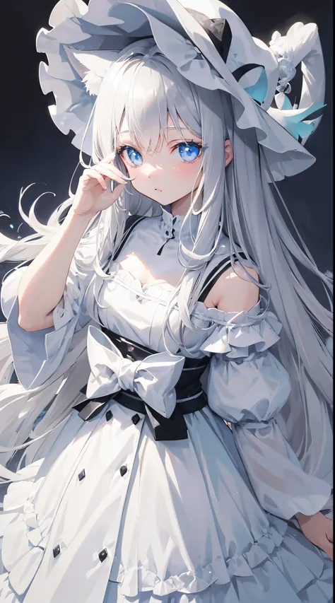 gray-haired girl, white cat ears, wearing white witch hat, eblue eyes