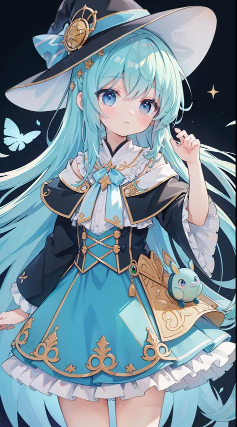 extremely detaild的 CG unified 8k wallpapers, very fine 8KCG wallpapers, hoang lap，Show on the ，Best quality at best ，ultra - detailed ，pretty  face  ，masterpiece、masterpiece、image quality、quality、lightblue hair、Light blue witch costume、a witchs hat、Light b...