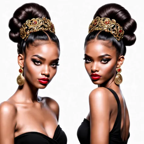 Beautiful girl, luxury makeup, hair in a bun, beautiful, bohemian, chic, realistic, Dolce&Gabbana style, African style, red, gold, black, diamonds, gems, smoke, swirls, filigree, octane, Large