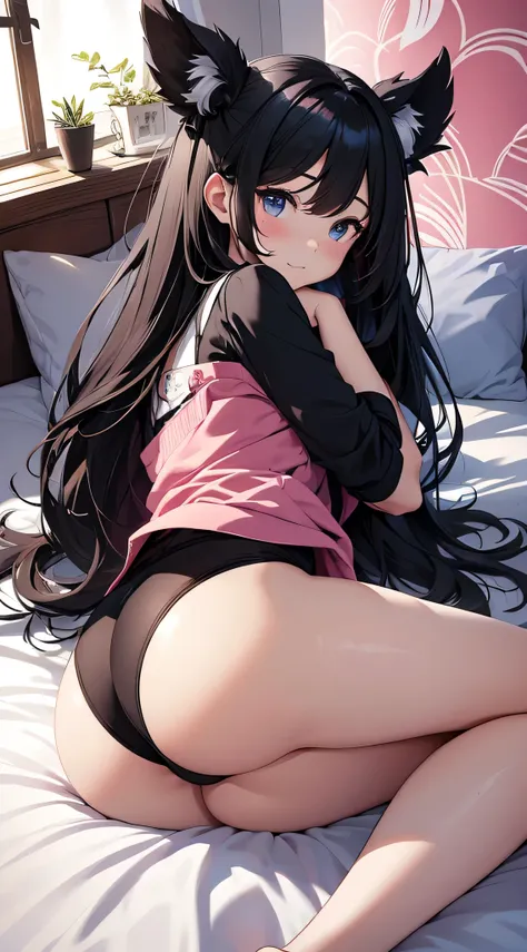 top-quality、Top image quality、​masterpiece、Teenage girl((Black pajamas、18year old、 Ager、Best Bust、big bast,Black eyes, Black hair、A slender,Large valleys、Gal style、床futon beddingの上にいる、embarassed face、dye ones cheeks red、dishevled hair、emphasis on the butto...