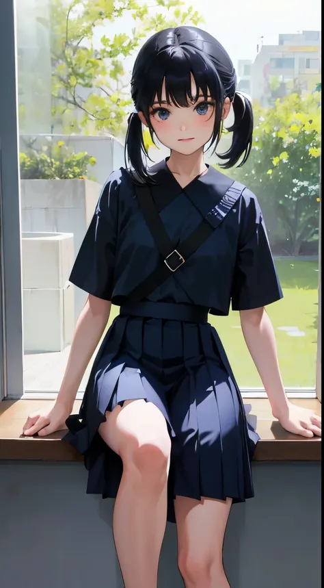 kne，(child)，（​masterpiece，Highest Quality），shortsleeves，Dark blue pleated mini skirt，A dark-haired，long pony tail，Summer Classroom