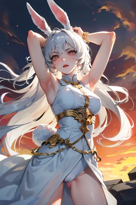 1girl, messy iridescent white hair, pink eyes, glowing eyes, angry, pale skin, bunny ears, covering ears, age 25, mature face, wearing long clingy white dress with gold runes, arms up, holding fire, glowing hands, ancient stone village at sunset, absurdes,...