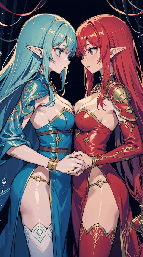 Two female elves，Equal stature，One red and one blue，face to face，hold each other tight，face to face，at a forest