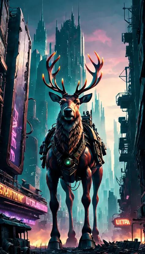 battlefield, futuristic armor, mechanical reindeer, dystopian cityscape, flying sleigh, neon lights, dynamic action, dark and gritty, steampunk, menacing atmosphere, explosive energy, epic scale, vivid colors, detailed textures, intricate machinery, laser ...