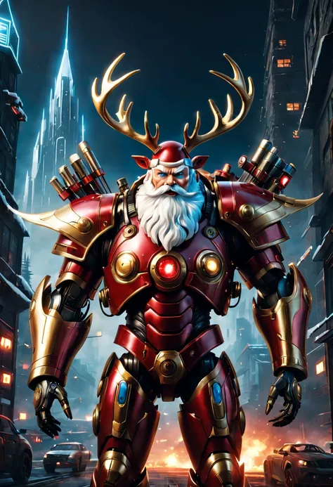 （best quality,4k,highres,masterpiece:1.2),ultra-detailed,(realistic,photorealistic,photo-realistic:1.37),cybernetic Santa Claus,mechanical suit of red and gold armor,glowing blue eyes,hovering sleigh powered by rocket thrusters,intense war-like environment...