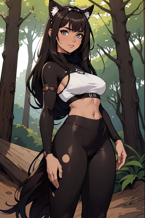 beautiful young warrior with cat ears on her head, com rosto bem detalhado e bonito, belos olhos, belos olhos, rosto lindo, beautiful young woman wearing long brown leggings with black details, sueter apertado branco, Standing in a forest, usando bota pret...