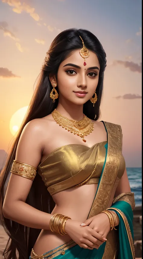 late evening scenario, photoshoot, beautiful 20 yo Tamil girl (shy smirk:1.4), facing the camera, in a black designer saree, golden half sleeve blouse, petticoat, leaning against a rock in the seashore, glowing flawless skin, holding saree mundhanai on her...