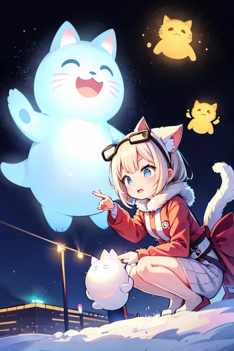 ((Best Quality)), ((masutepiece)), Sapporo Snow Festival、Glowing giant cat-shaped illumination、Cute