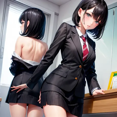 Black-haired bob high school girl uniform completely naked