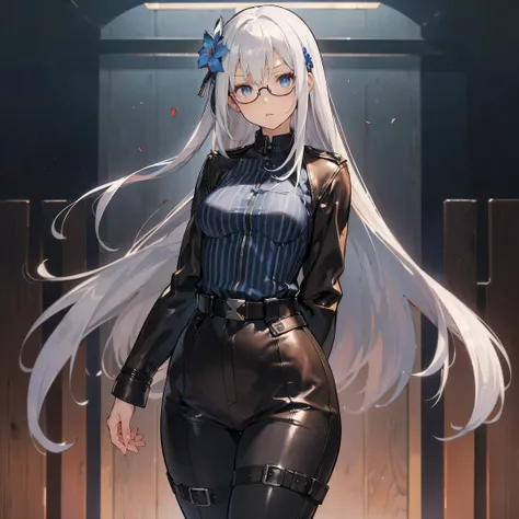 masutepiece,Best Quality,fisheye,((Longhaire)),(((Leather Military Uniforms))),(((vertical line shirt))),(age 24),(slightly small breast),(Leather belt),(1 blue flower hair ornament),(Sober glasses),Solo,((White hair)),Blue Pupils,((very slender figure)),(...