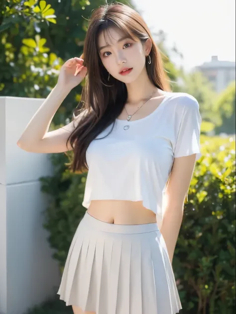 Beautiful asian woman，18yr old，Medium to long brown hair，Wear silver glasseigchest，Wearing a white short shirt，The clasp opens，Wearing a white low-waisted pleated skirt，One hand up，leaking flat belly navel，Slender legs