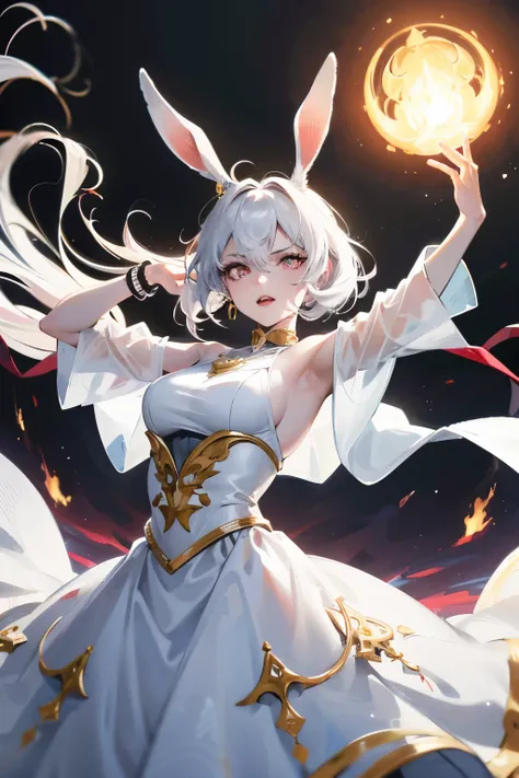 1girl, messy iridescent white hair, pink eyes, glowing eyes, angry, pale skin, bunny ears, covering ears, age 25, mature face, wearing long clingy white dress with gold runes, see-through clothes, arms up, holding fire, glowing hands, glowing pink magic ci...