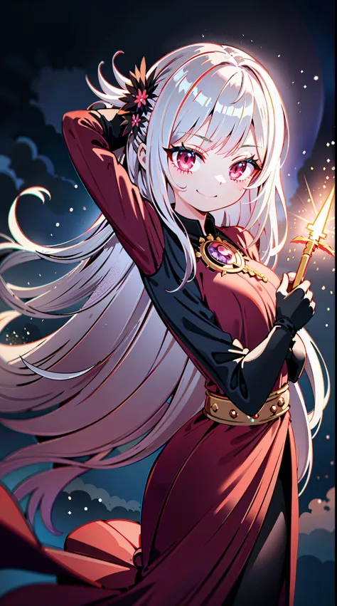 girl, silber hair, long whitr hair, hair pin, bluntbangs, red eyes, Witch hat, robe, lusty  smile, holding staff, Cast spells, magia, Arms up, 城市, nighttime scene,, lightning bolt, ​​clouds, Foggy sections, ventania