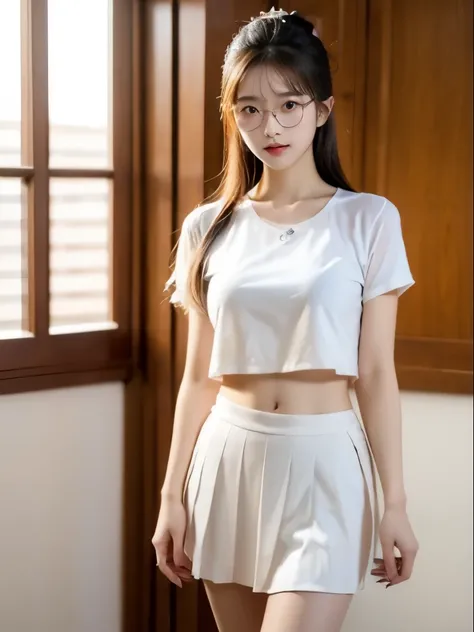 Beautiful asian woman，full bodyesbian，18yr old，Medium to long brown hair，Wear silver glasses，middlebreast，Wearing a white short shirt，The clasp opens，Wearing a white low-waisted pleated skirt，One hand up，Leakage on flat belly below navel，Slender legs