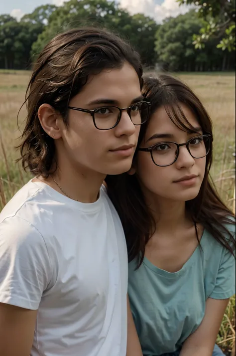 draw a puerto rican boy with brown curls cloud gazing in a grassy field. next to him is his girlfriend who is white and has reddish brown hair and black glasses. she is staring at the boy lovingly. use studio ghibli style artwork