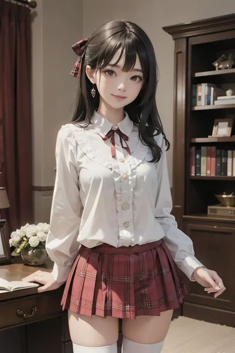 very cute and beautiful girl,(highly detailed beautiful face and eyes:1.2),(smile:1.3),cowboy shot,
(white blouse with detailed frills),long sleeve BREAK zettai ryouiki,standing,skirt lift,white panties,
dynamic angle,hair ribbon,black hair,hime cut,(scarl...